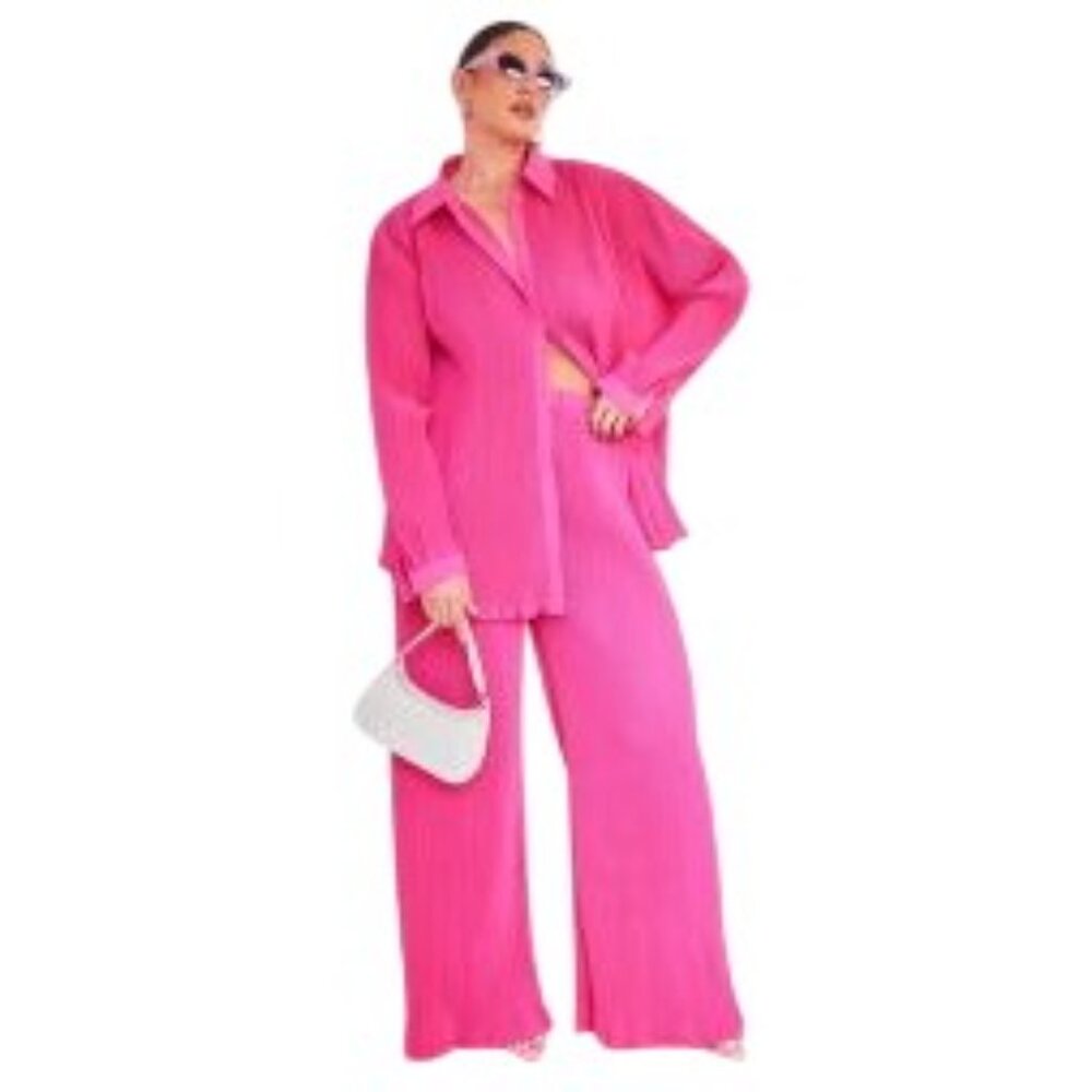 Pleated Hot Pink Blouse Size 12 Button-Up Shirt By PrettyLittleThing NWT